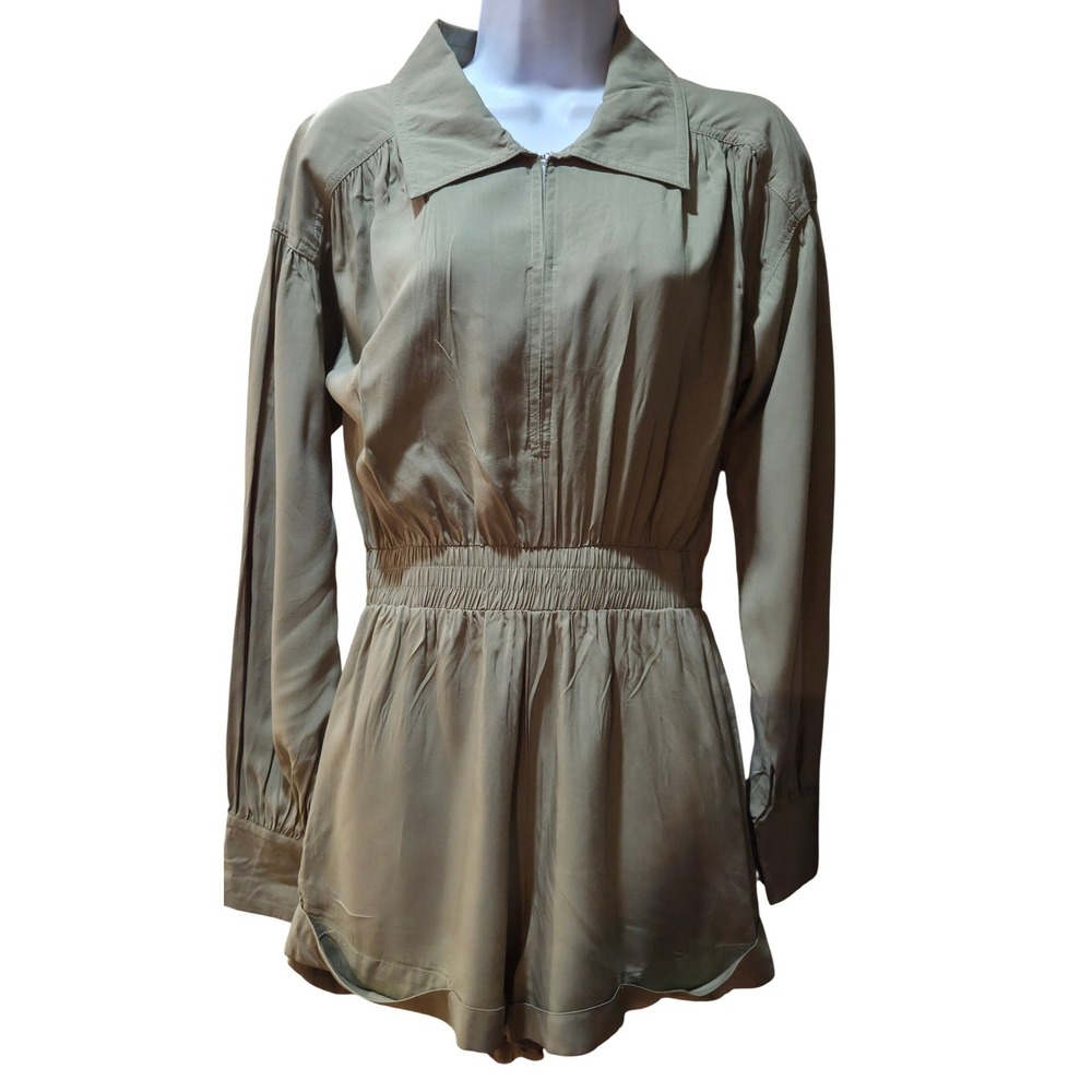 MABLE S Olive Green Long Sleeve Romper Smocked Waist Utility Style Mini Jumpsuit